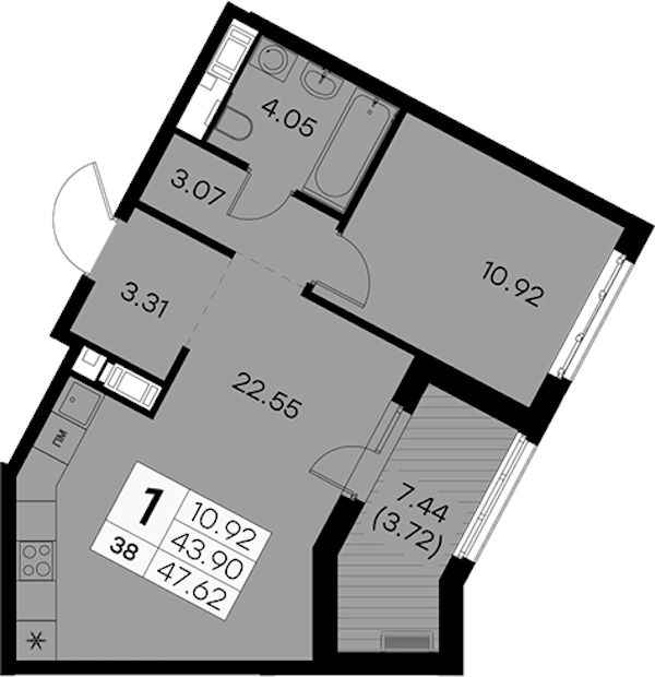 1-комнатная квартира 47.62 м², 5/8 эт., ЖК «Glorax City Балтийская»